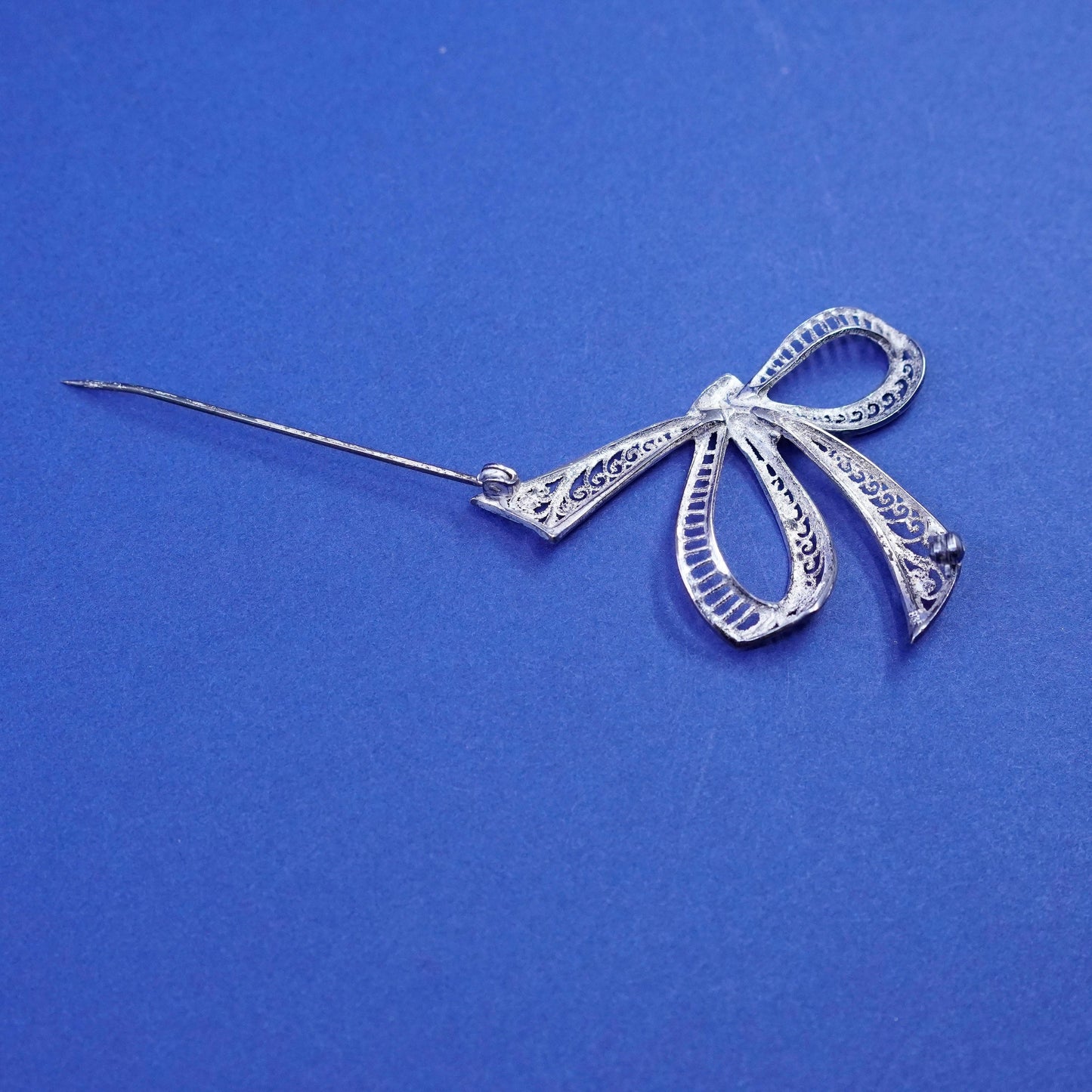 Vintage sterling silver handmade brooch, 925 bow tie ribbon pin