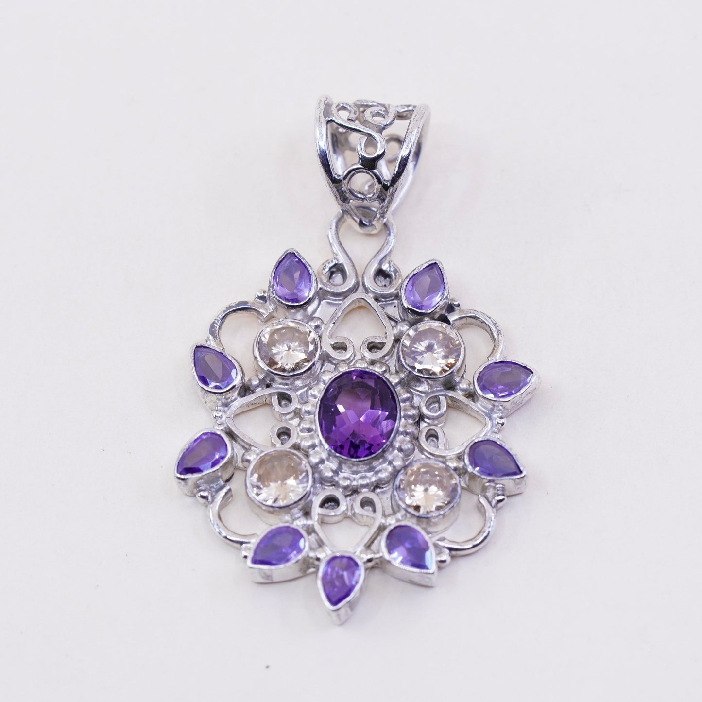 Sterling 925 silver handmade filigree flower pendant with amethyst and citrine