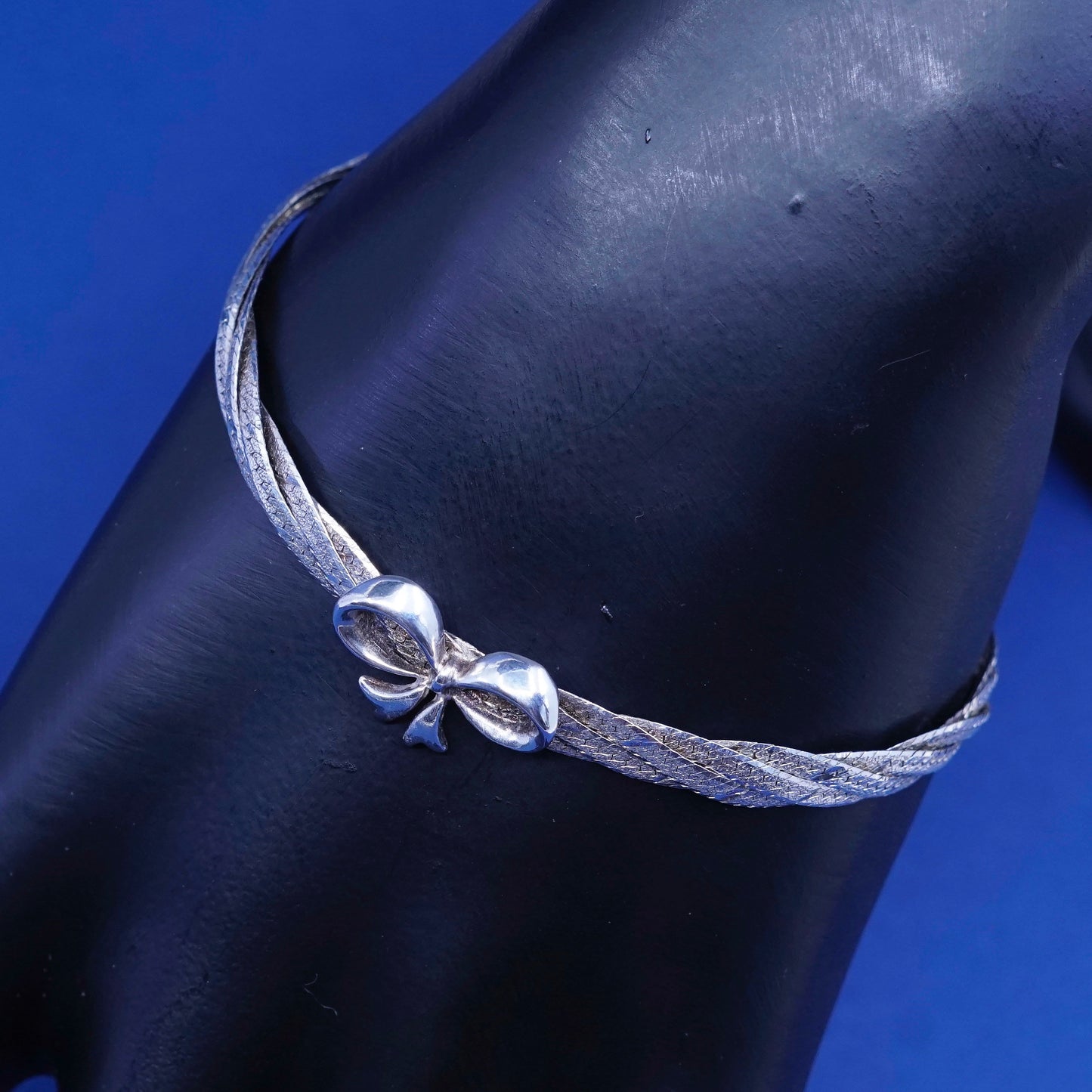 7”, Sterling silver handmade bracelet 925 twisted herringbone w/ bow tie ribbon