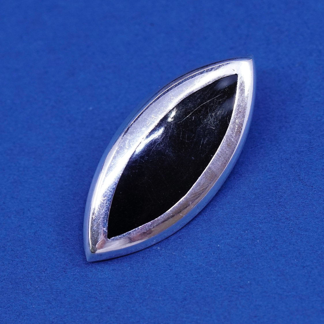vtg mexico handmade earrings, alpaca silver studs with Marquise obsidian inlay