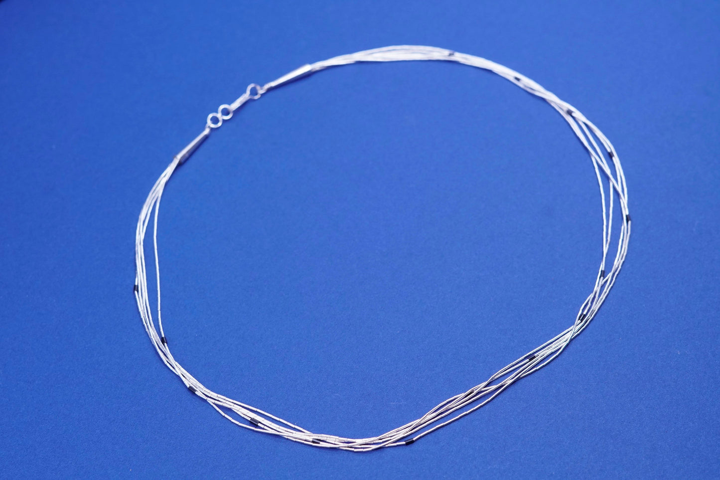16”, liquid Sterling 925 silver 5 strands necklace, Native American w/ obsidian