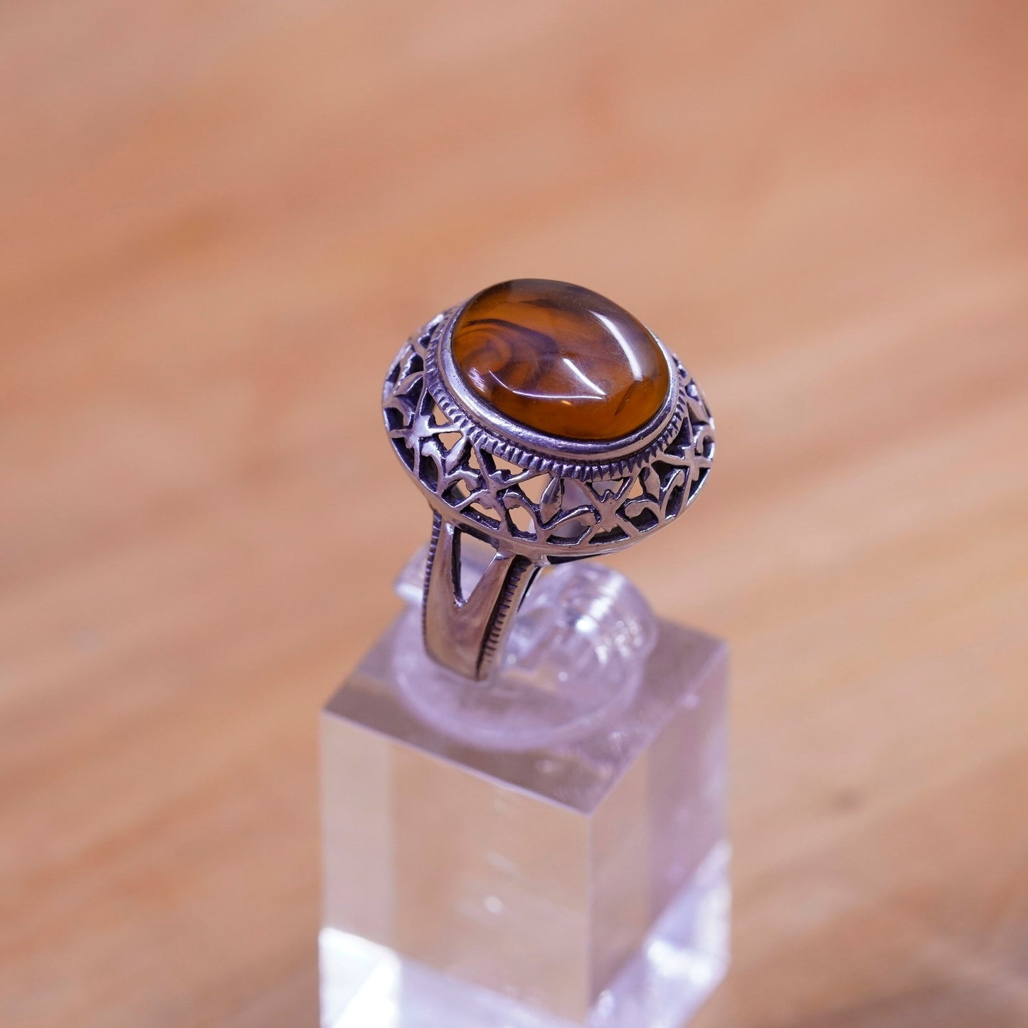 Size 6.25, vintage Sterling 925 silver handmade filigree ring with oval Amber