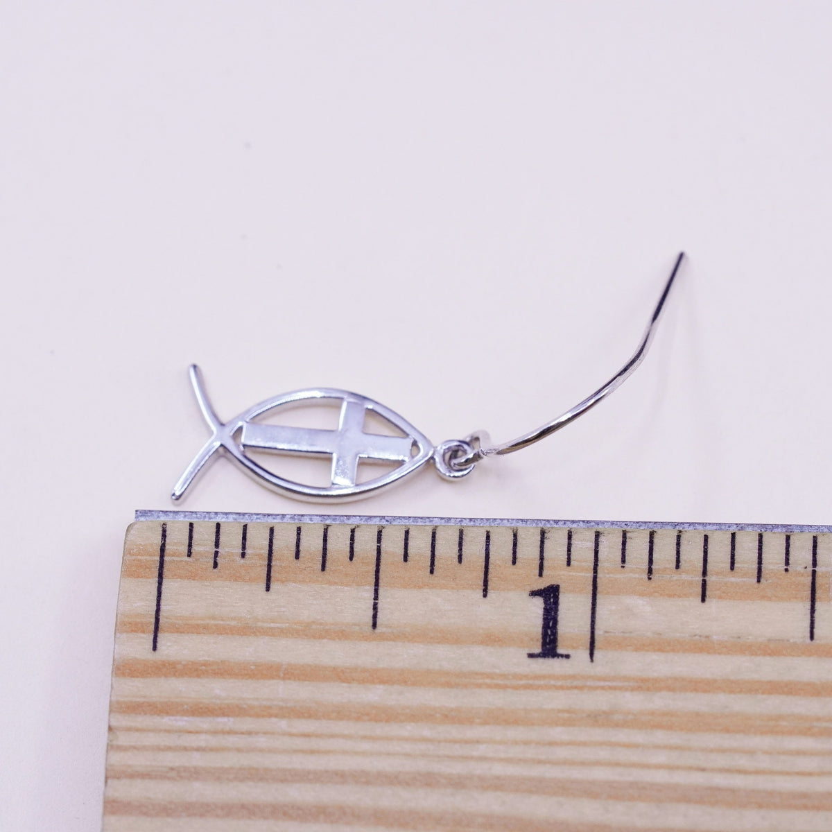 Vintage sterling silver handmade modern earrings, 925 fish with cross