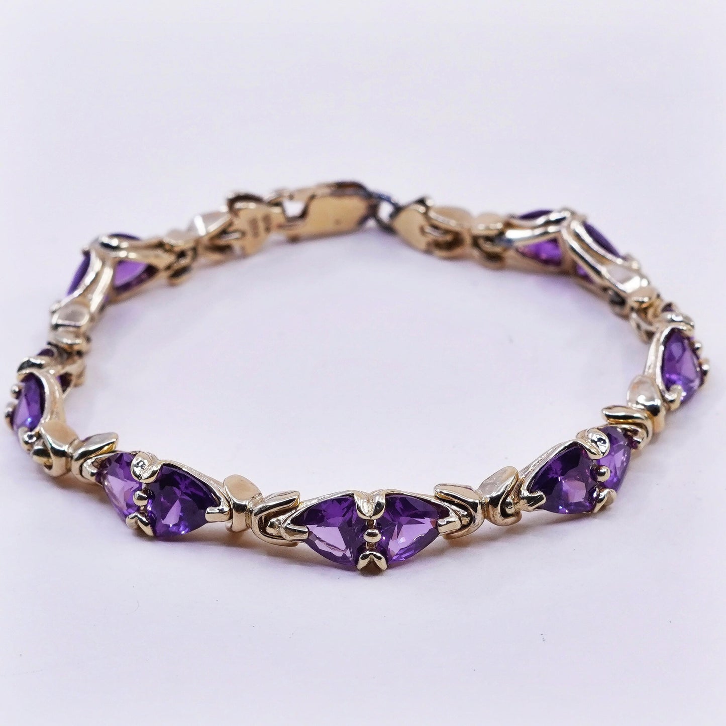 7.25”, vermeil gold Sterling 925 silver tennis bracelet triangular amethyst