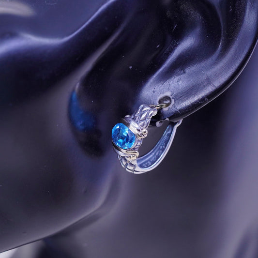 0.75”, sterling silver earrings with 14K gold accent, waffle textured 925 hoops