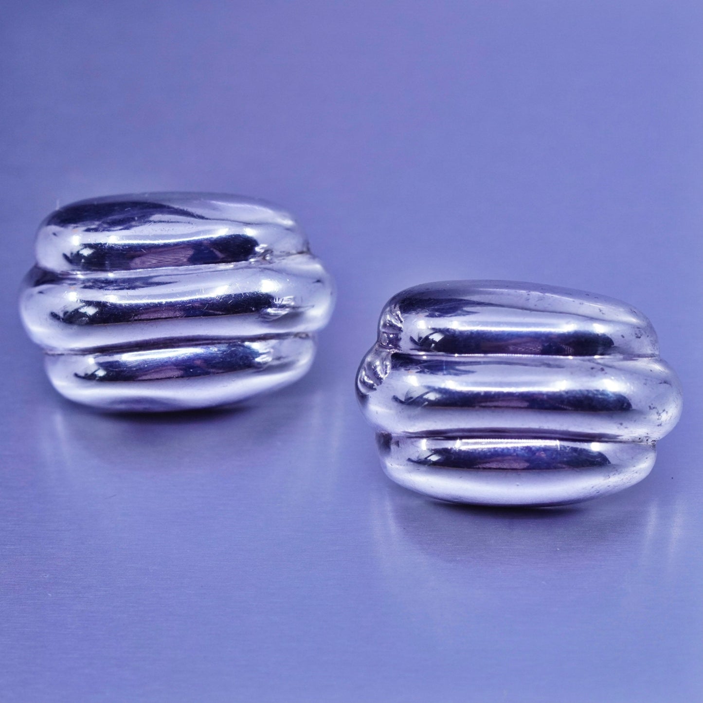 Vintage Sterling 925 silver handmade earrings, puffy ribbed studs