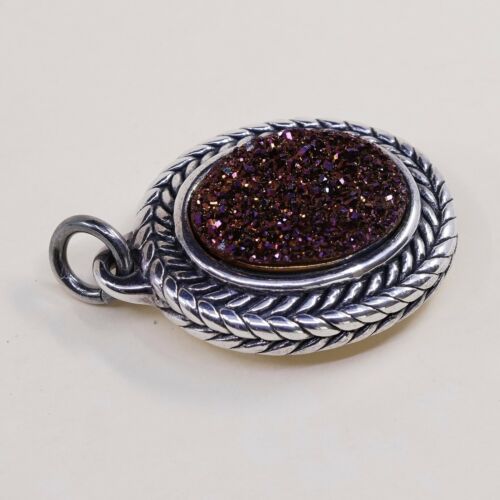 Vintage TH Sterling Silver Handmade Pendant, 925 Silver W/ Oval Agate Druzy