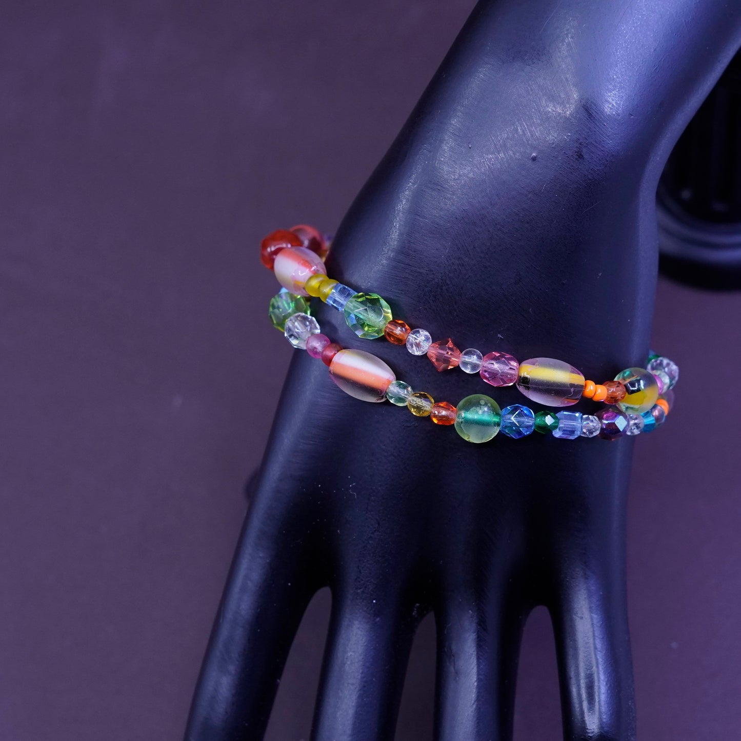 7.5”, handmade bracelet, colorful glass chain with sterling 925 silver clasp