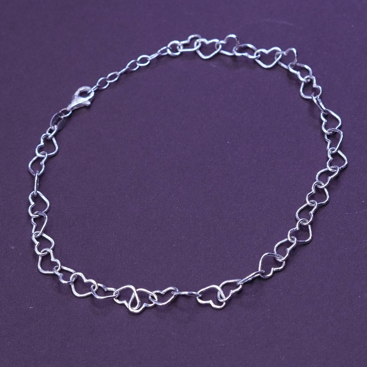 10”, Vintage sterling silver handmade anklet, 925 heart chain, stamped 925 italy