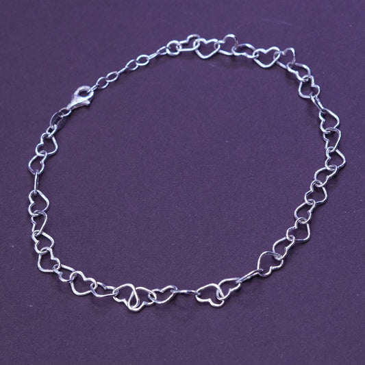 10”, Vintage sterling silver handmade anklet, 925 heart chain, stamped 925 italy