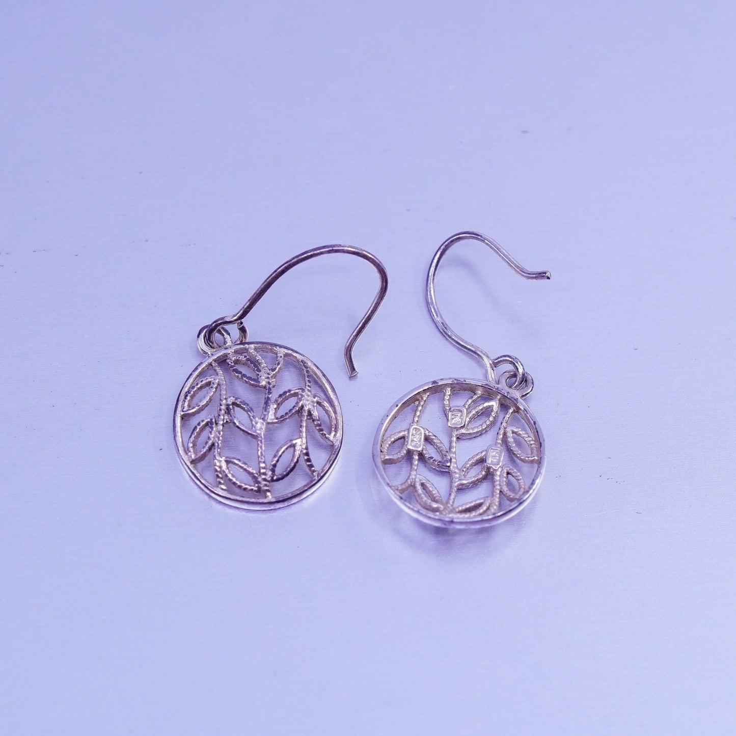 vintage Sterling silver handmade earrings, 925 circle dangles with leaves