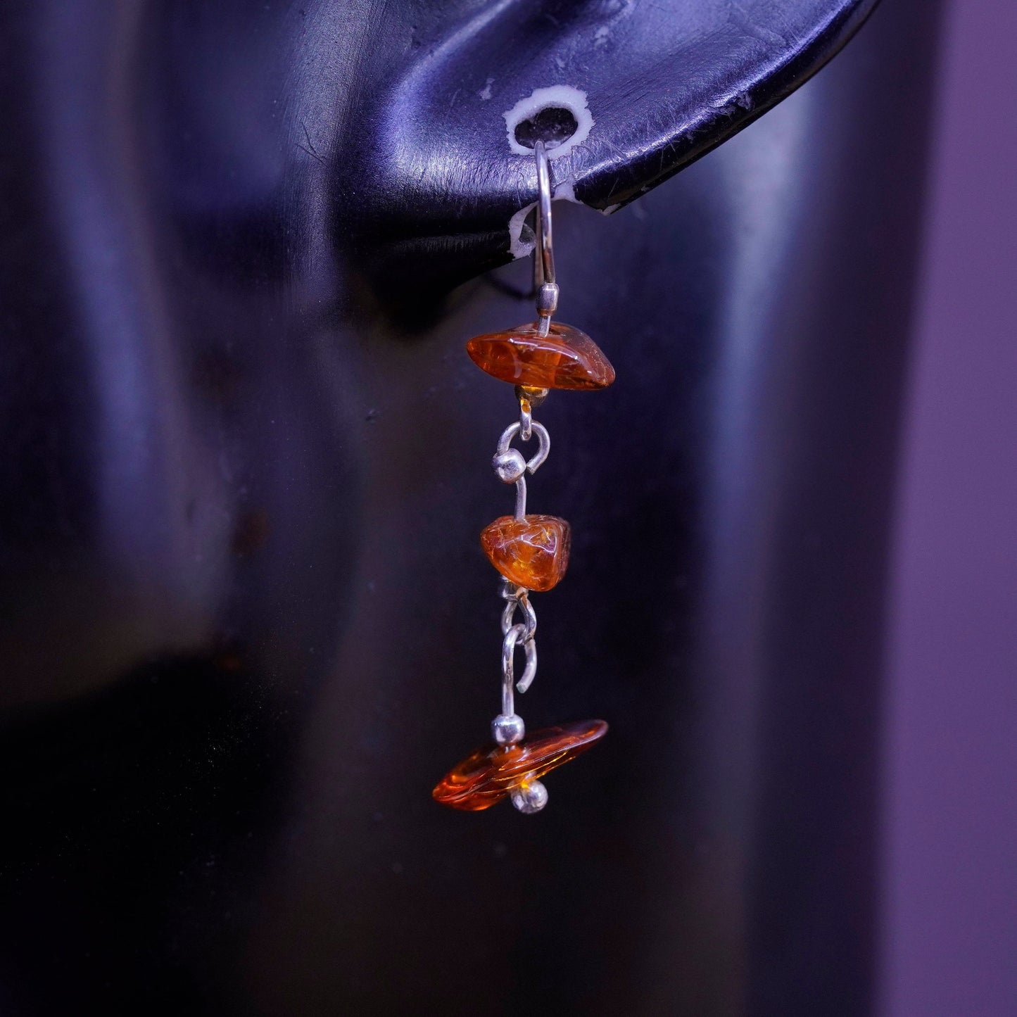 Vintage Sterling 925 silver handmade earrings with Amber nugget