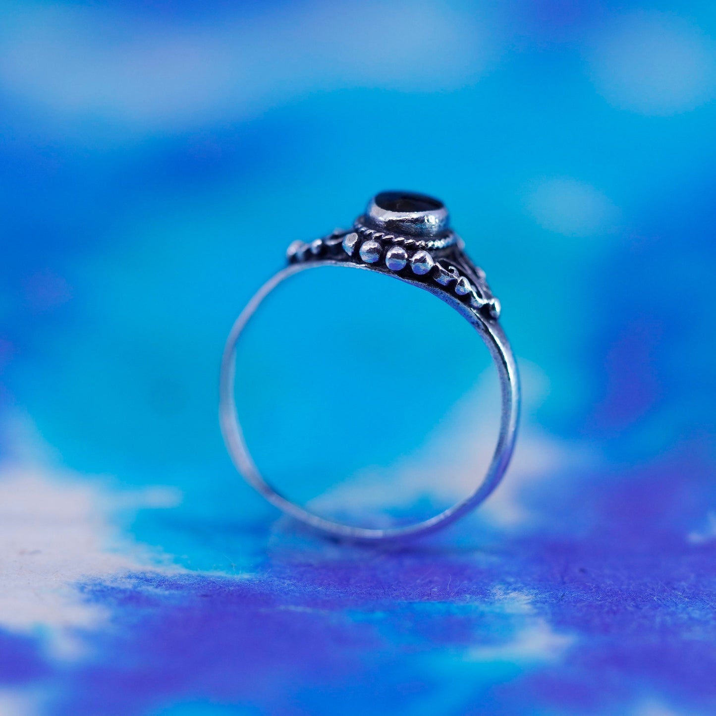 Size 6, vintage Sterling 925 silver handmade ring with onyx and beads