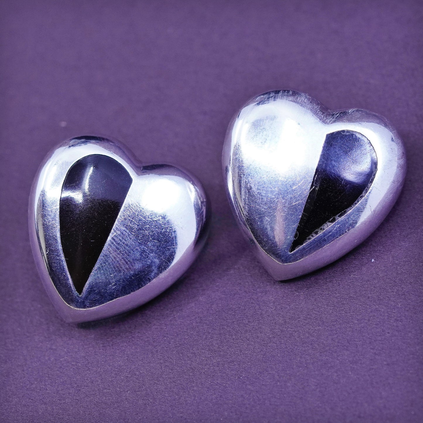 mexico Sterling silver earrings, studs, huge 925 heart studs with black onyx