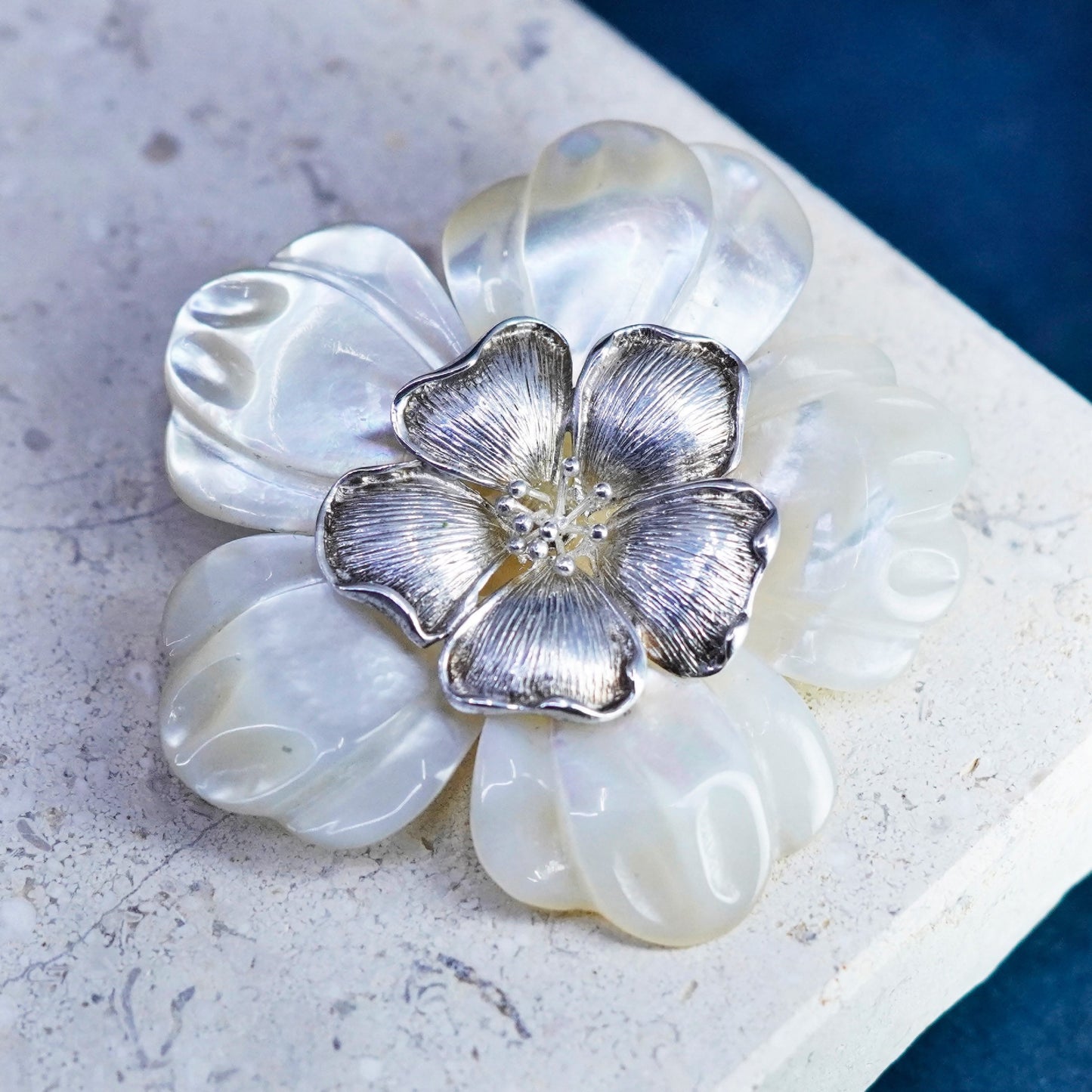 Vintage BJ sterling 925 silver handmade brooch pendant mother of pearl flower