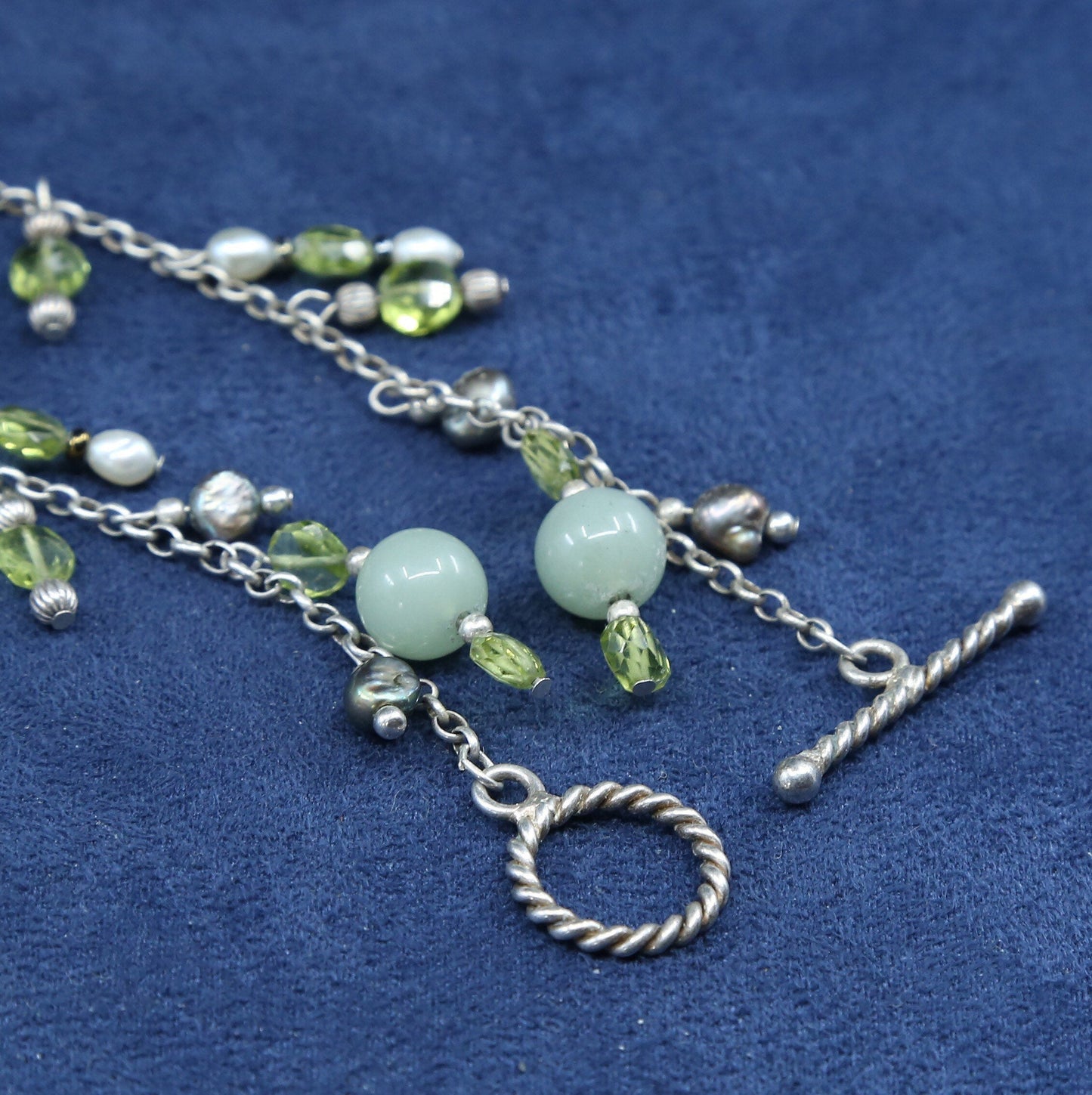 6.5”, sterling silver handmade bracelet 925 circle chain w/ crystal jade charms