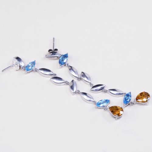 sterling silver handmade earrings, 925 Long Drops w/ teardrop blue topaz Citrine