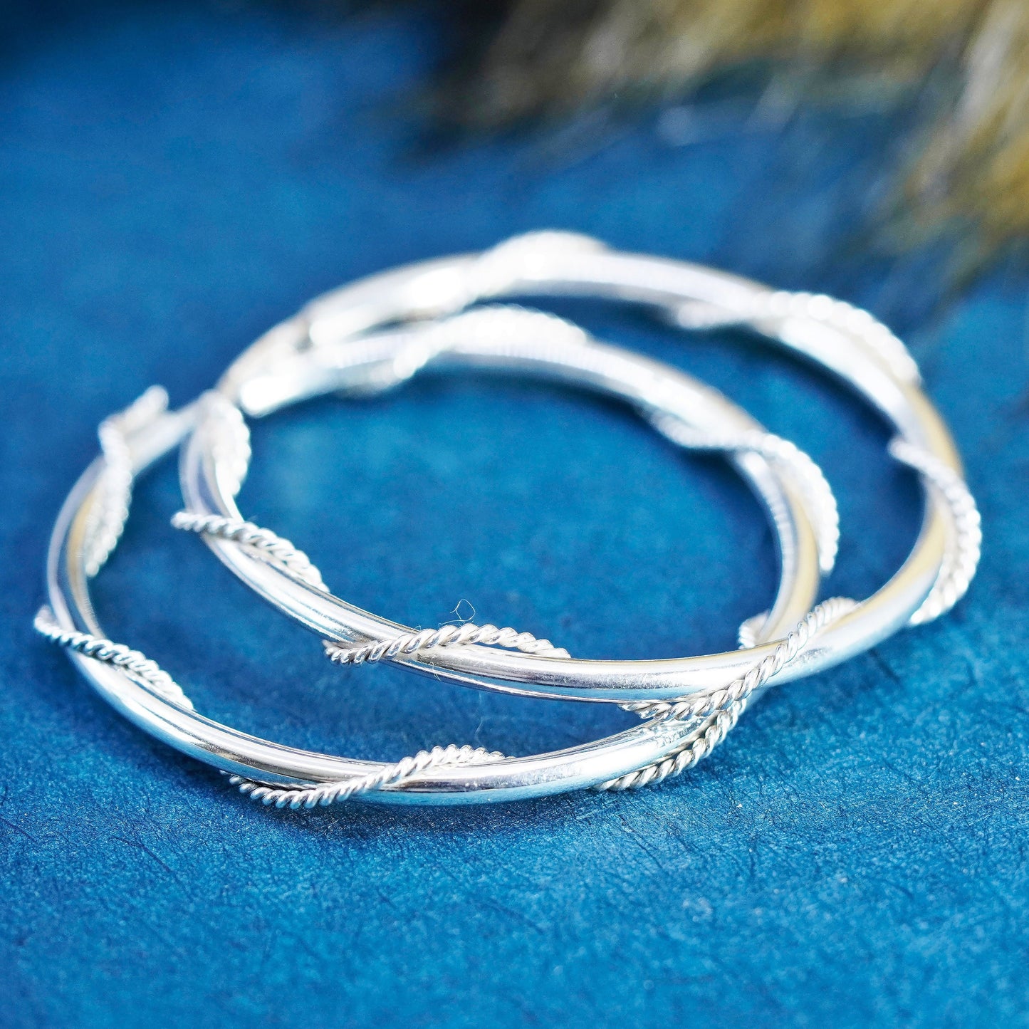 1.5”, vintage Sterling silver handmade hoop, 925 earrings with cable around