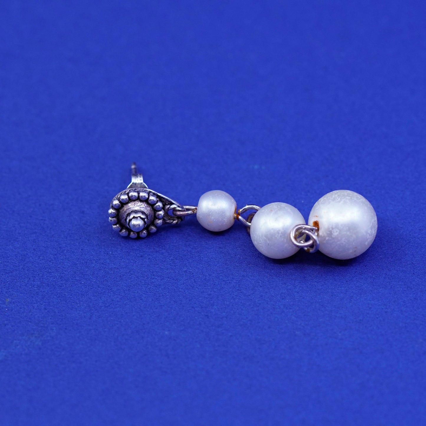Vintage Sterling silver handmade earrings, bali 925 studs with pearl drops