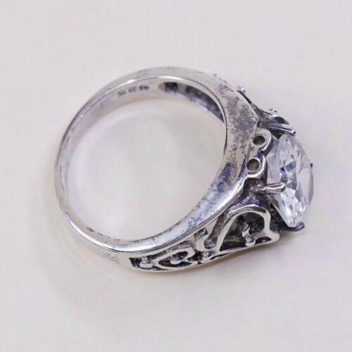 Sz 5.5, Vtg Sterling silver handmade ring, 925 Filigree band W/ CZ N Heart