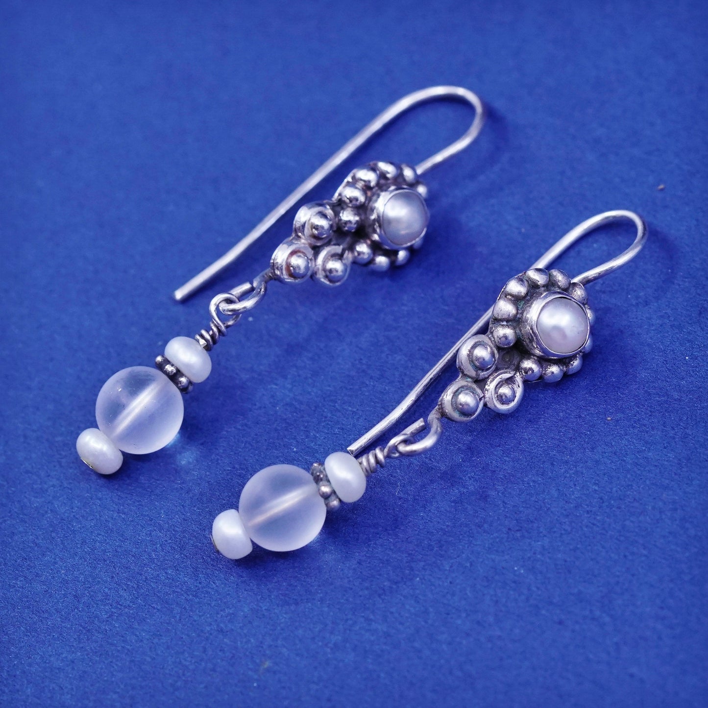 Vintage Sterling silver handmade earrings, 925 drops with pearl crystal beads