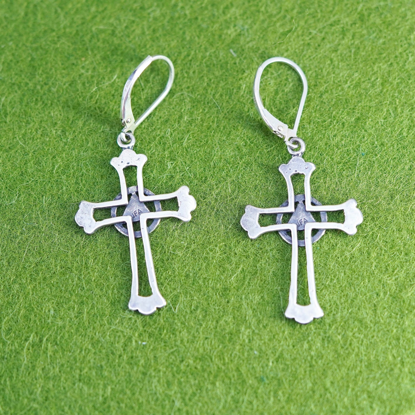 Vintage Sterling silver handmade earrings, 925 cross with peace sign, cute