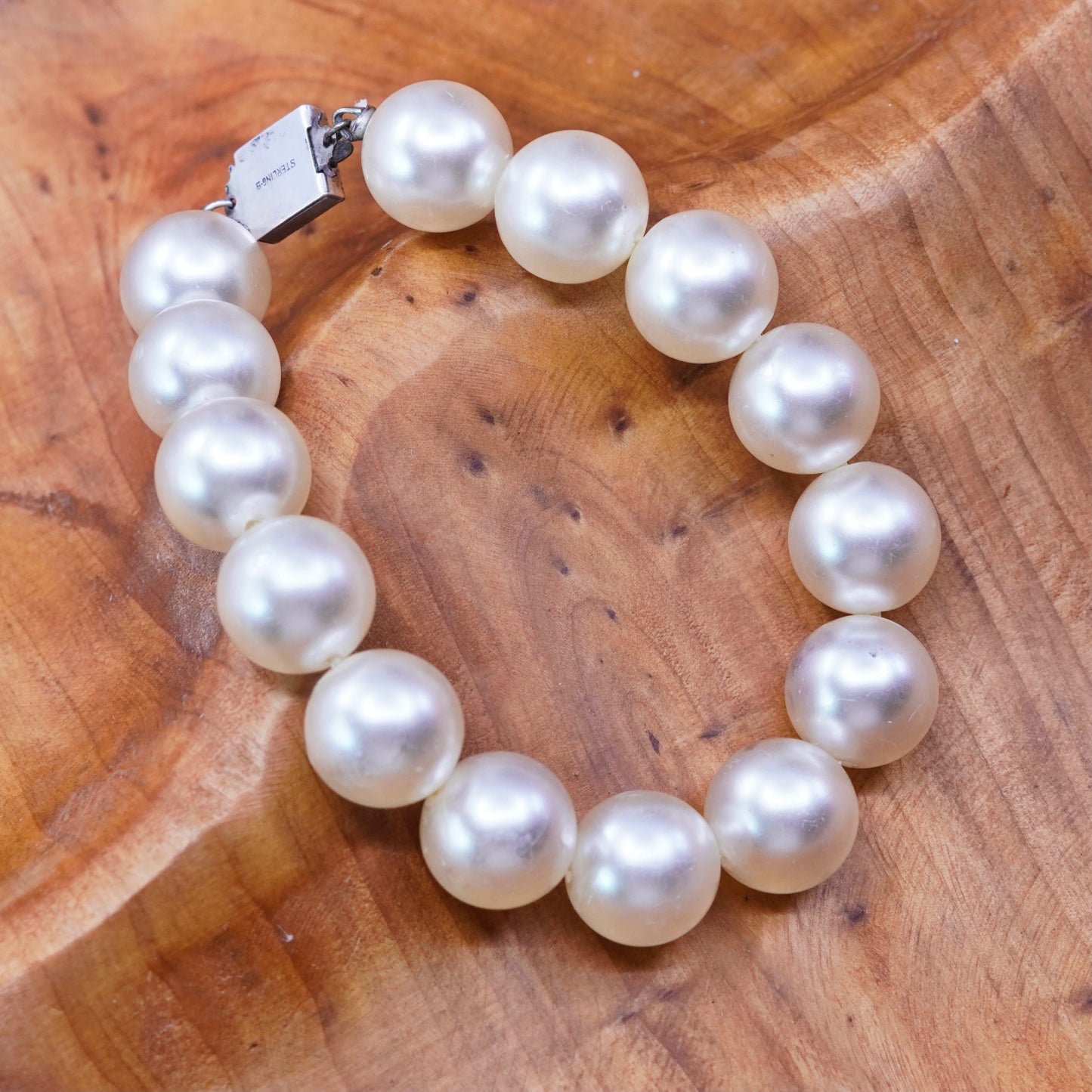6”, Vintage Sterling silver handmade bracelet, pearl beads chain with 925 clasp