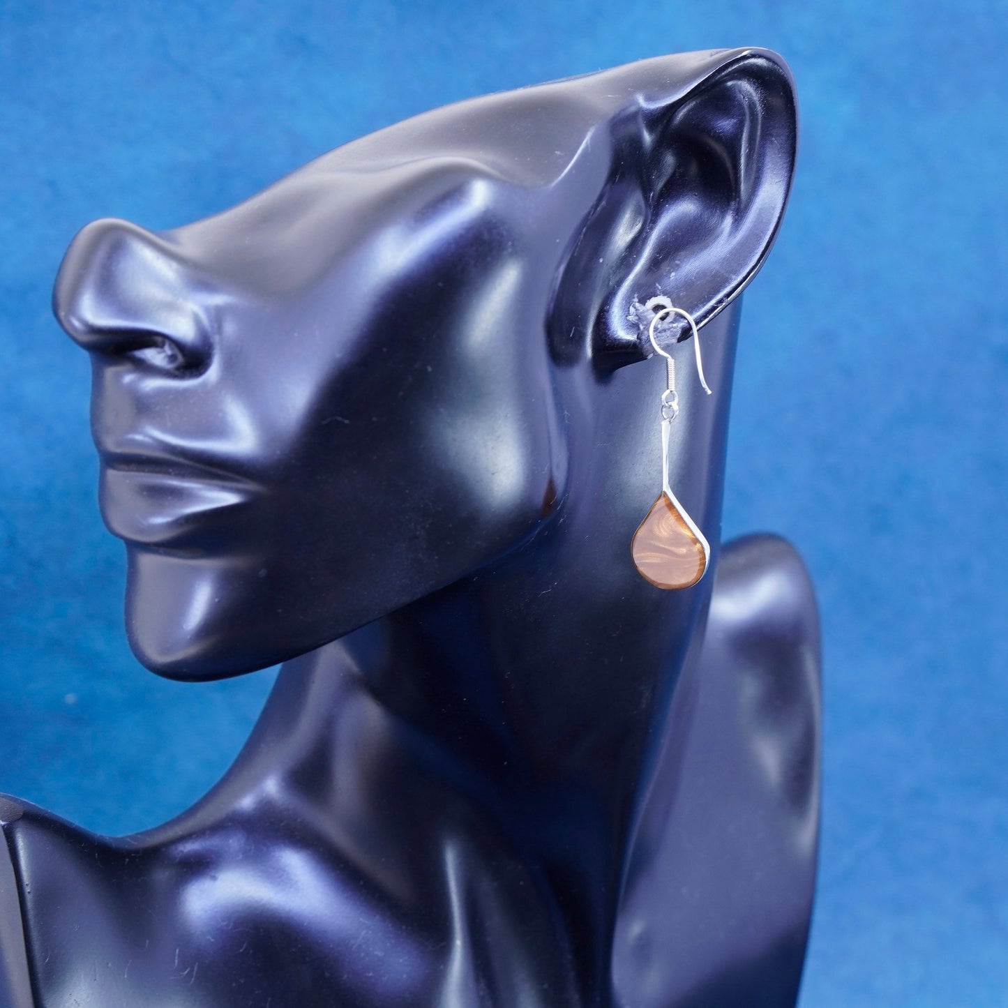 Vintage sterling silver handmade earrings, 925 teardrop with golden resin