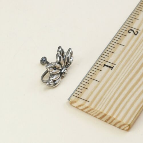 Vtg Sterling 925 Silver Handmade Screw Back Earrings Flower Leaves Wings