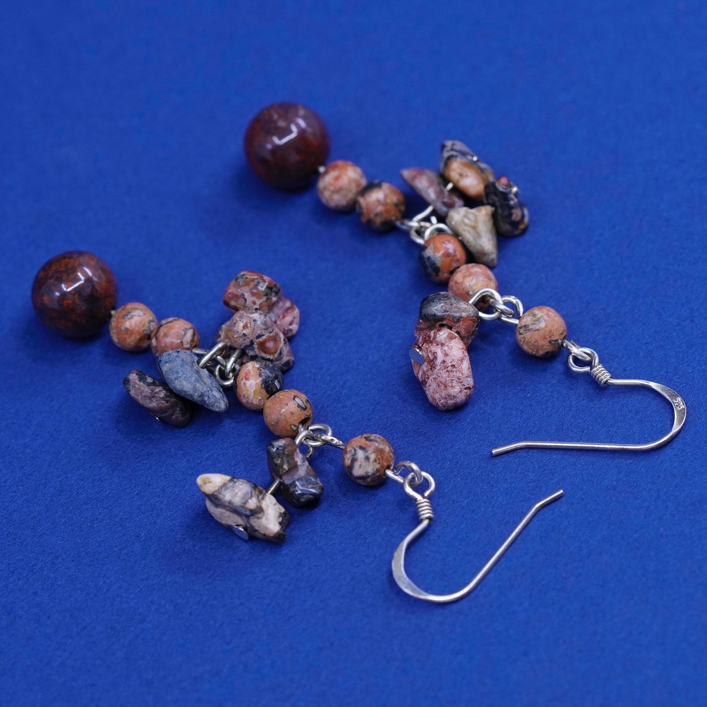 Vintage sterling silver handmade earrings, 925 hooks with jasper