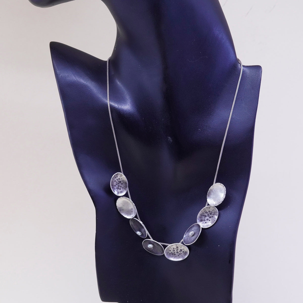 17”, vtg handmade Sterling 925 silver wheat chain with disc pendant and pearl