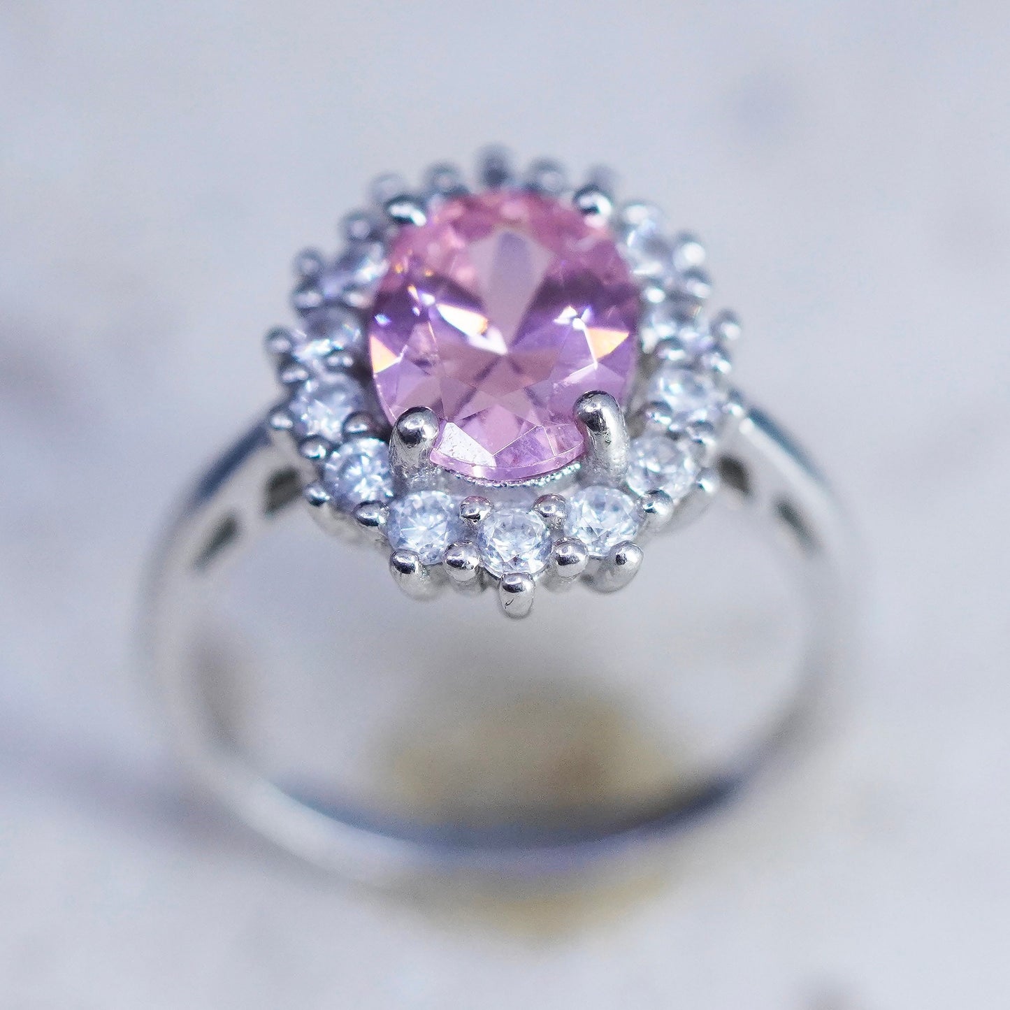 Size 6.25, vintage Sterling 925 silver ring with pink and clear crystal stones