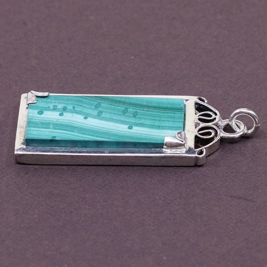vtg mexico Sterling silver handmade pendant w/ rectangular malachite
