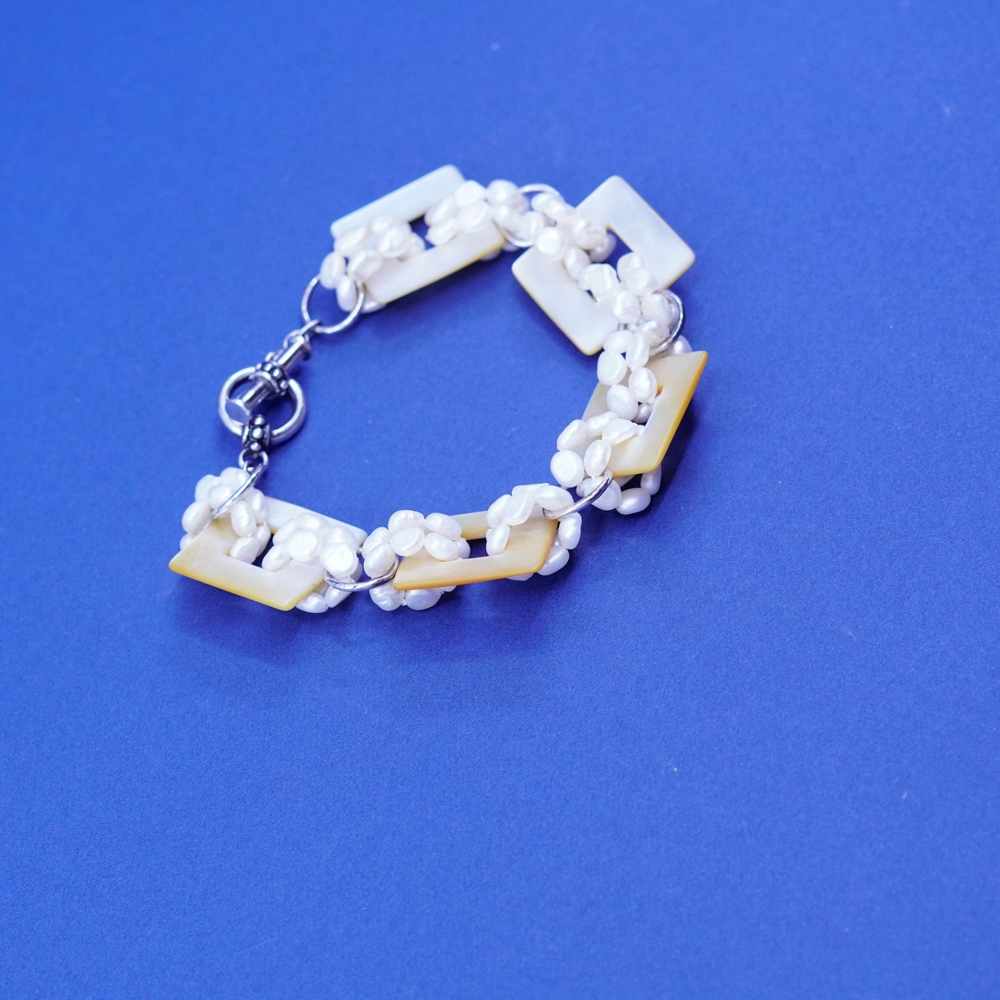 6.75”, sterling silver handmade bracelet, cluster pearl beads mother of pearl