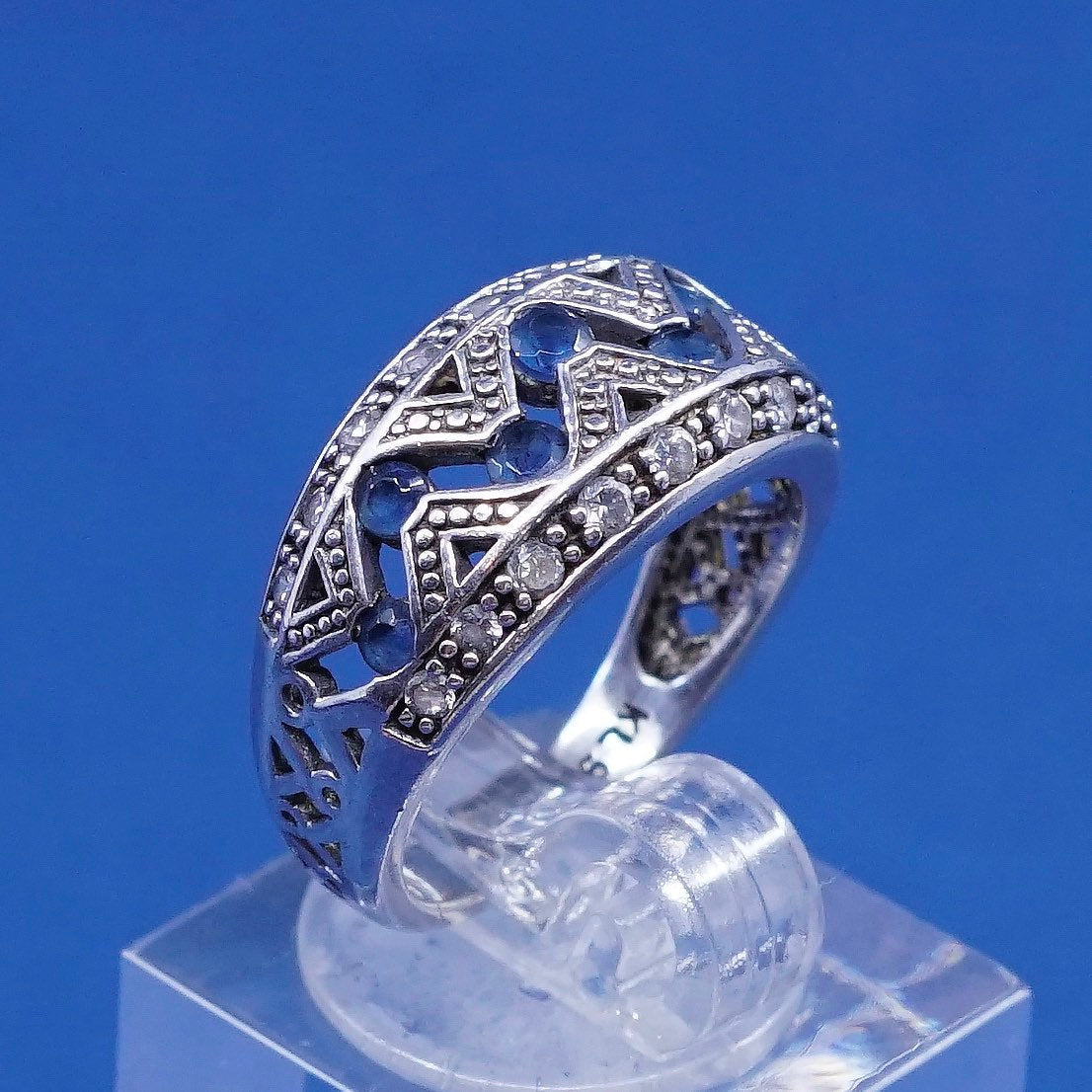 Size 6.25, vtg KL sterling silver ring, 925 w/ sapphire N crystal