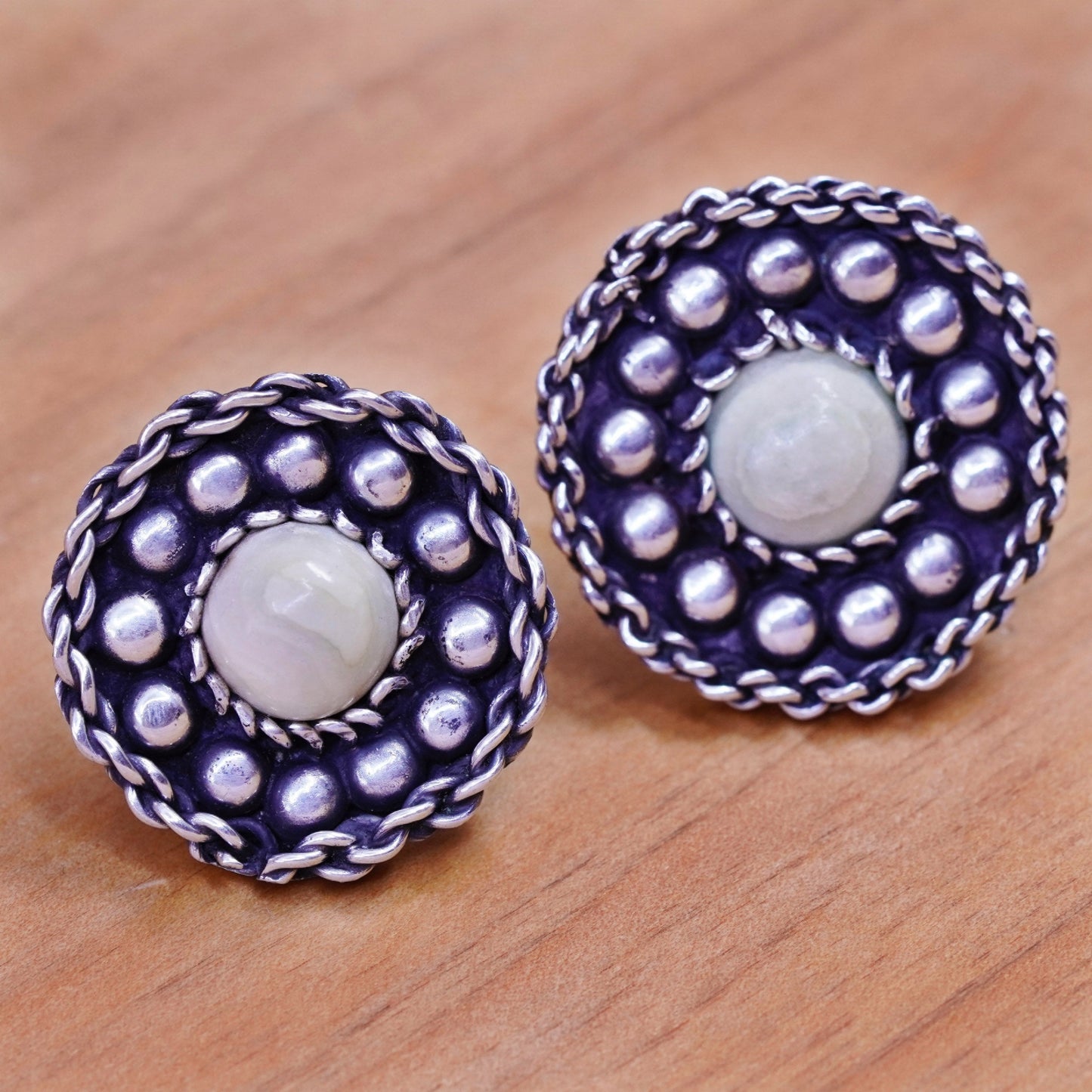 Vintage Sterling silver screw back handmade earrings, 925 dangles howlite beads