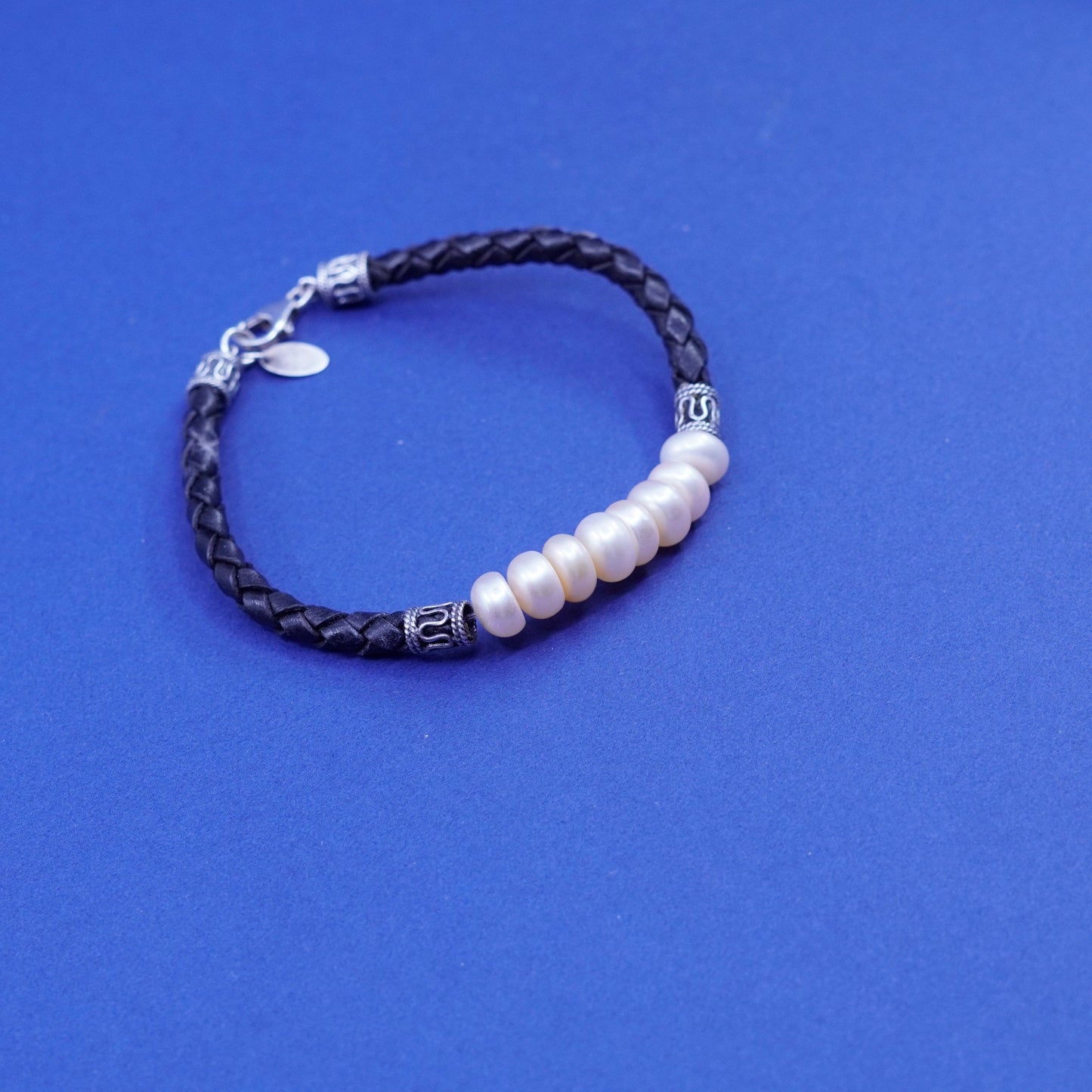 6.75”, Sterling silver handmade bracelet, 925 bangle with black leather pearl