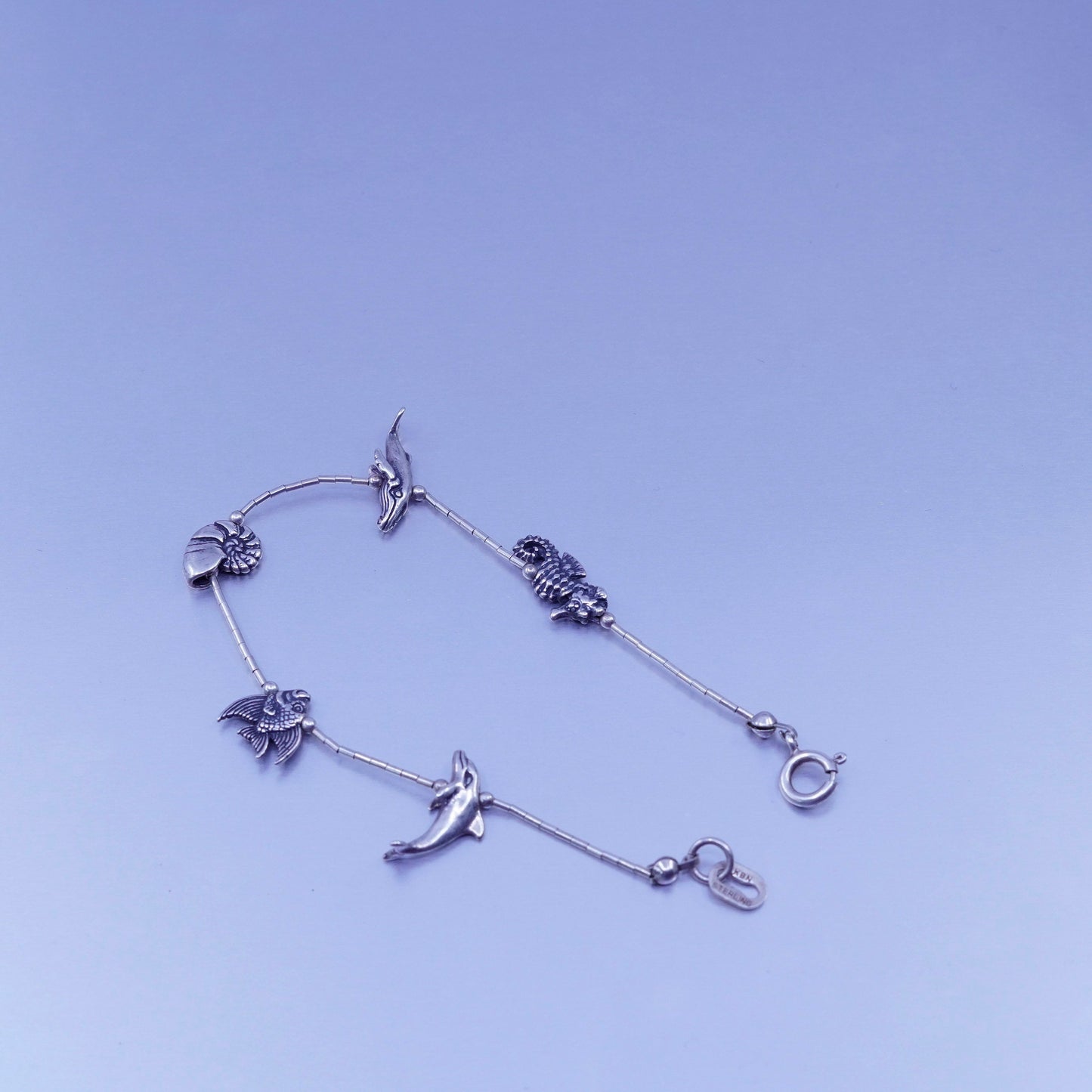 7.25”, Sterling 925 silver bracelet, liquid chain seahorse whale dolphin charm