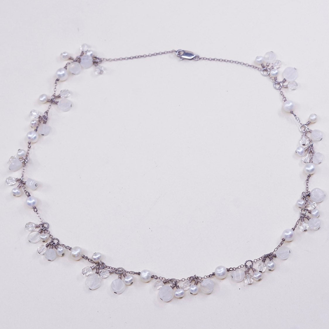 16", vtg handmade Sterling silver Circle necklace w/ pearl moonstone beads