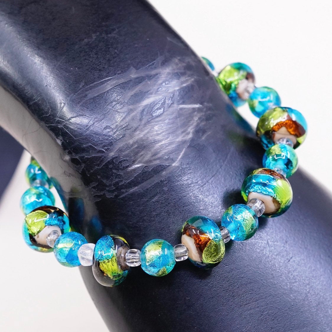 6.75", VTG 925 Sterling silver beads bracelet w/ artisan green glass beads