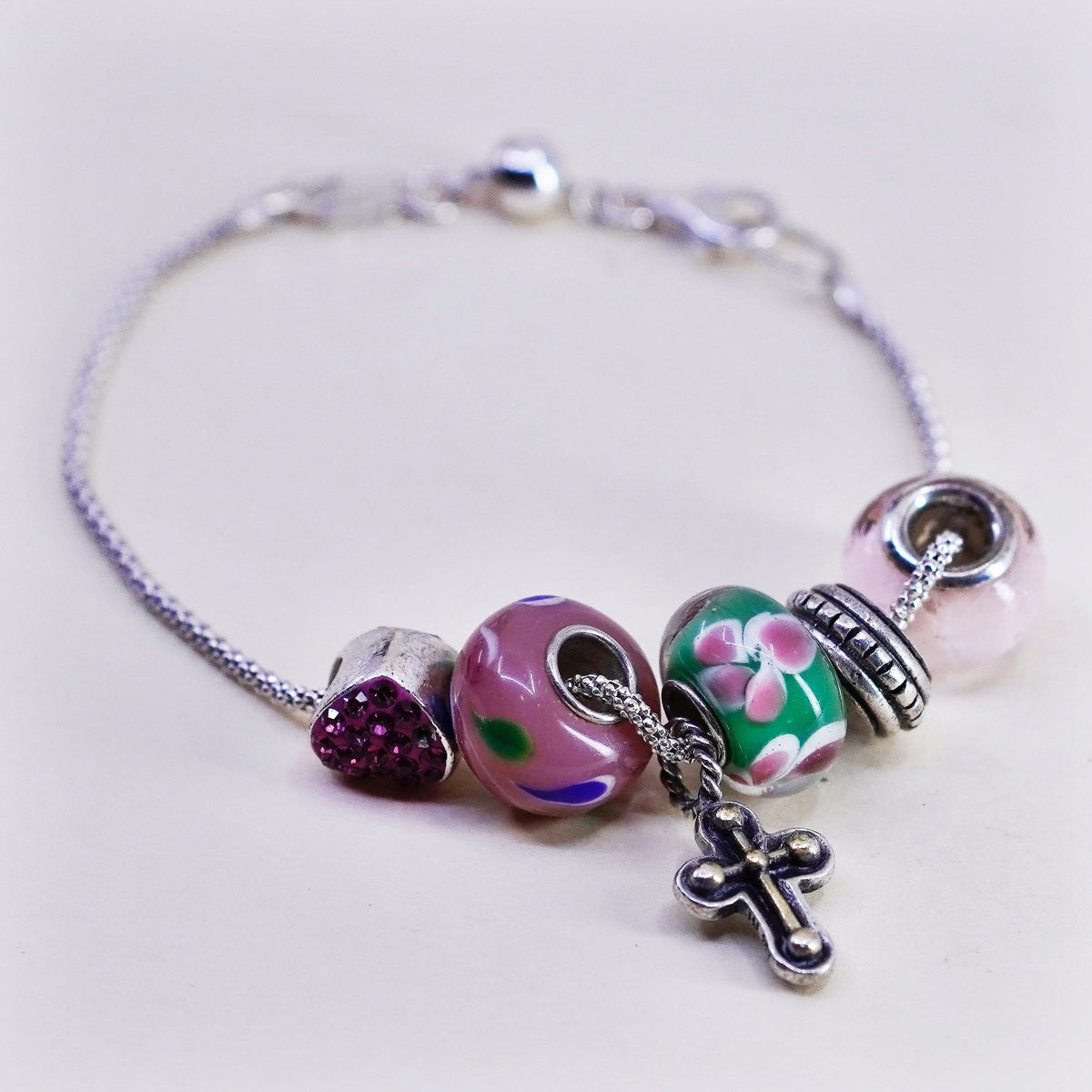 8”, 925 Sterling silver popcorn bracelet artisan floral glass beads cross charm