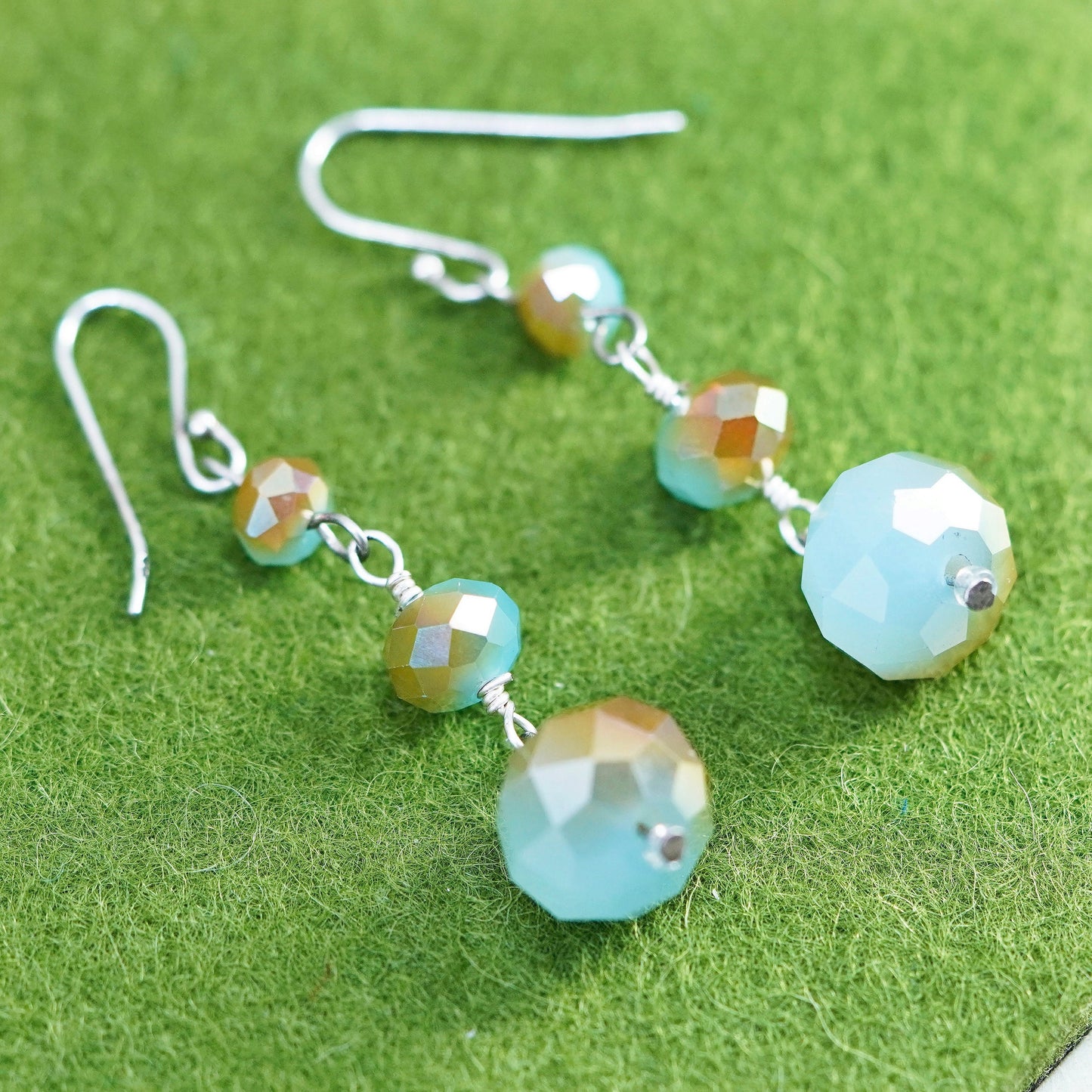Vintage Sterling silver 925 handmade earrings with green crystal beads