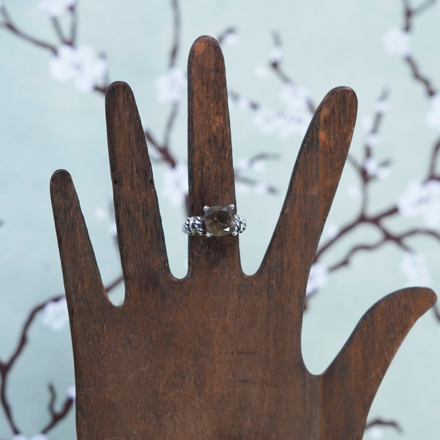 Size 6, Vintage sterling 925 silver handmade ring with square smoky topaz