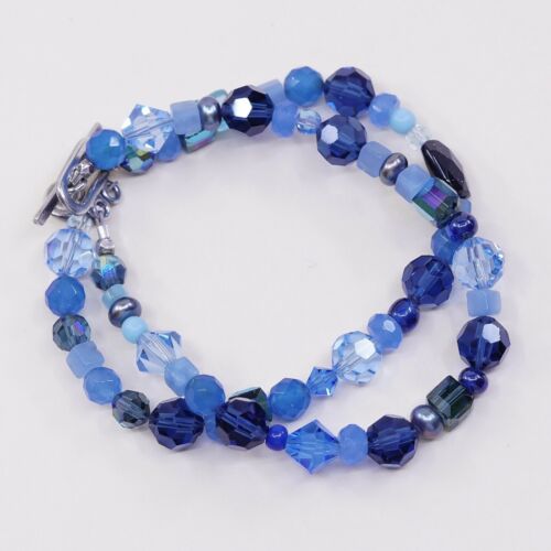 6.5”, Double Strands Sterling 925 Silver Handmade Bracelet, Blue Crystal beads