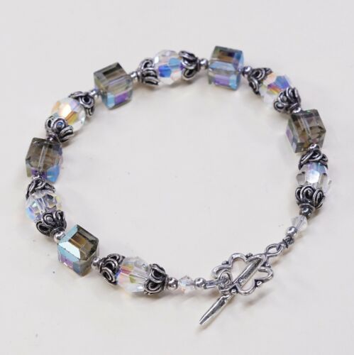 6.75”, Vtg Sterling Silver Handmade Bracelet, 925 Beads W/ Blue Crystal Beads