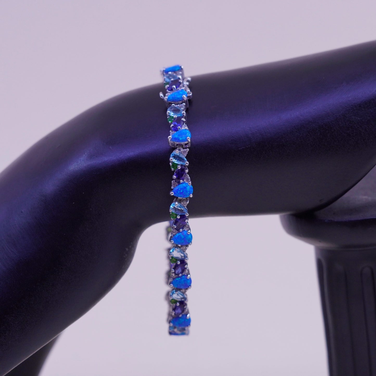 7.25”, vintage Sterling 925 silver tennis bracelet opal topaz amethyst peridot