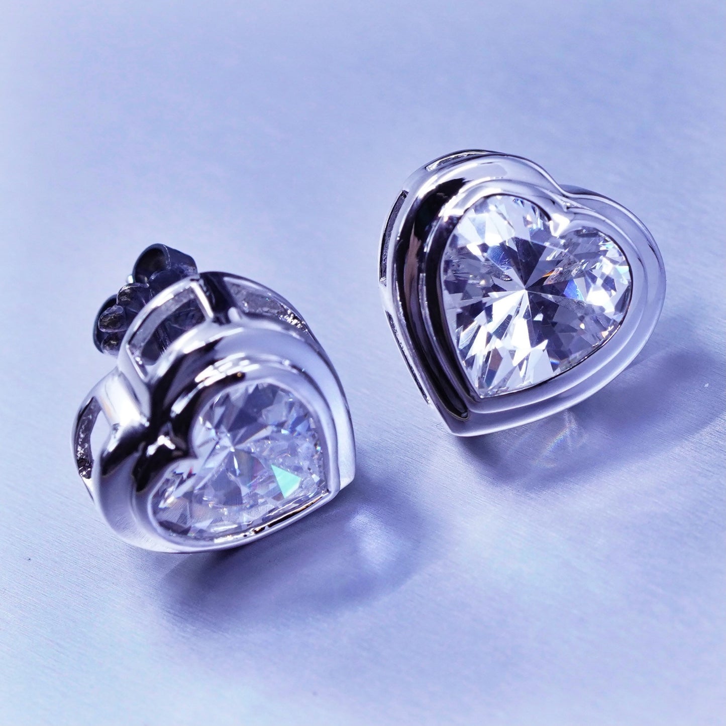 Vintage FJH Sterling 925 silver handmade earrings, heart studs with Cz