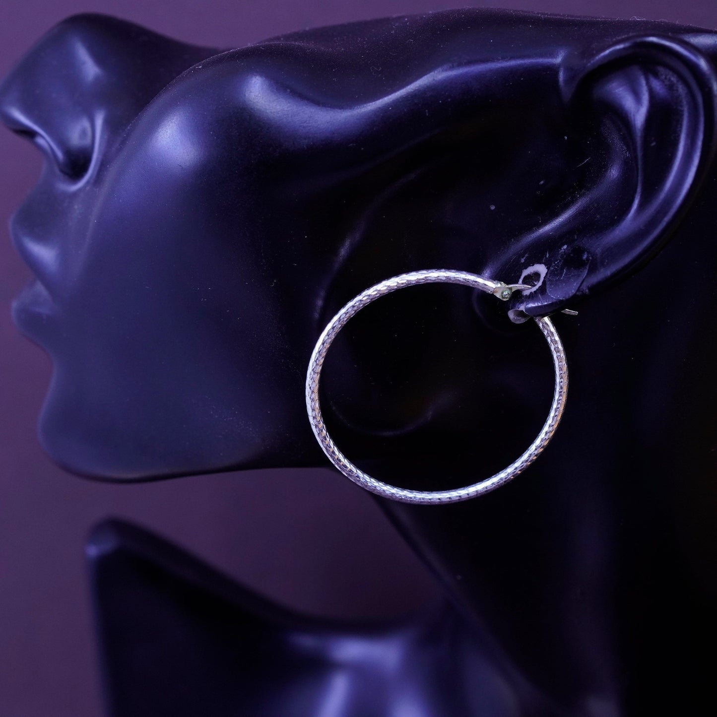 1.5”, vintage Sterling silver handmade earrings, textured 925 silver hoops