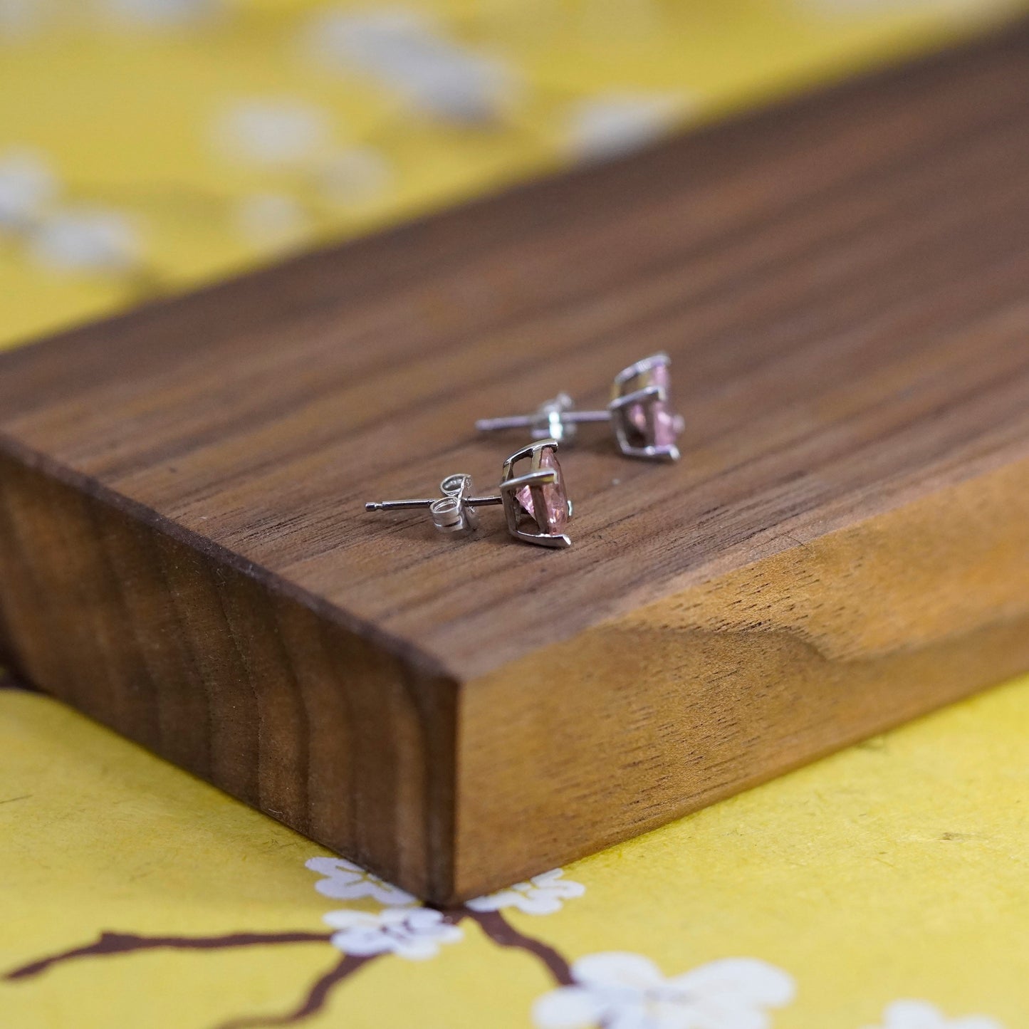 Vintage Sterling silver handmade earrings, 925 square studs with pink cz