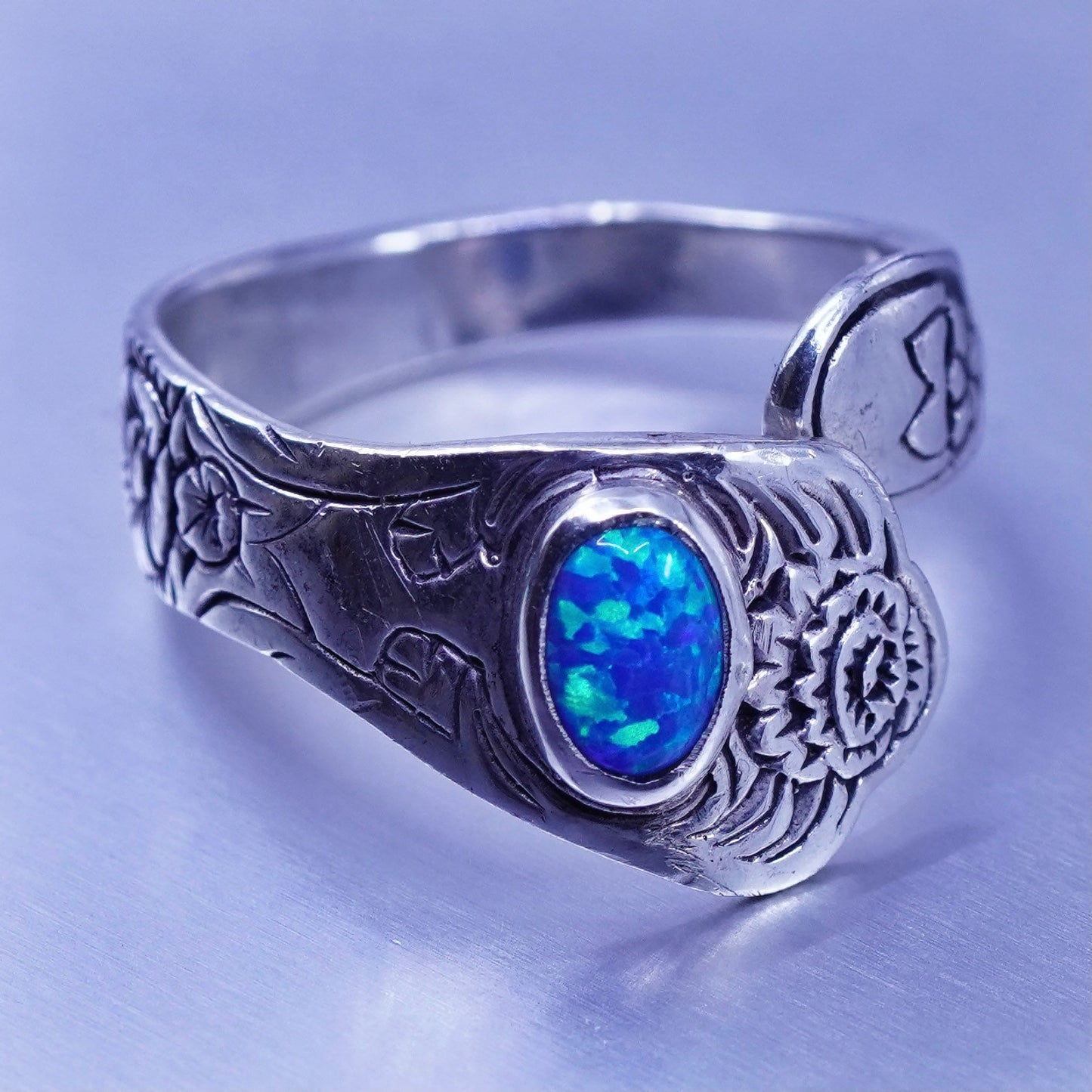 Size 8.25, vintage Sterling 925 silver handmade wrap ring with opal